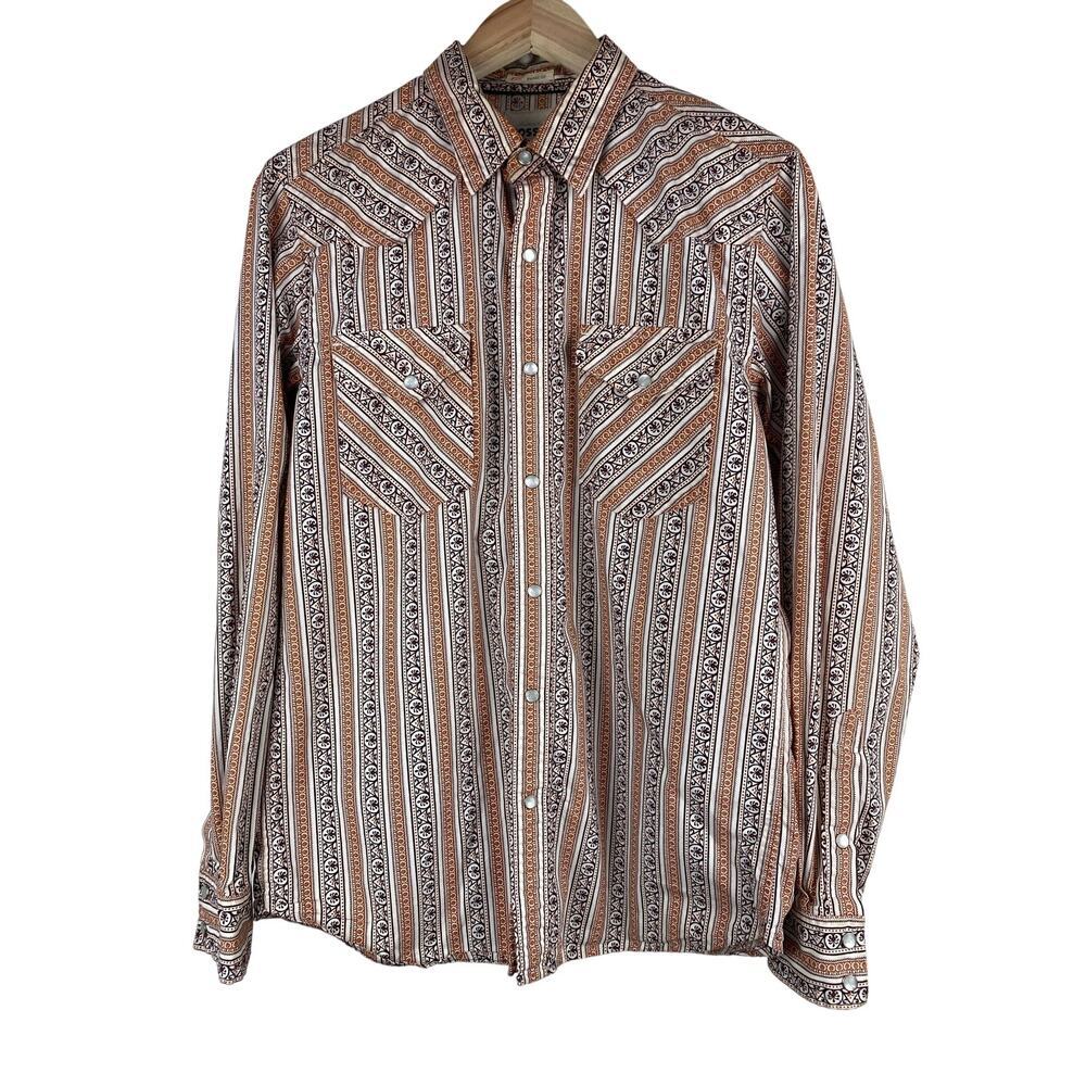 Fossil Men's Size M Vintage Fit‎ Brown Striped Pearl Snap Front Western Shirt *
